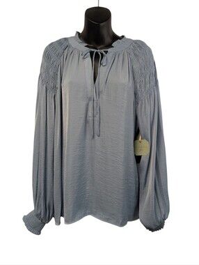 Ryegrass Dusty Blue Smocked Peasant Blouse Tie Neck Long Sleeve Boho XL NWT